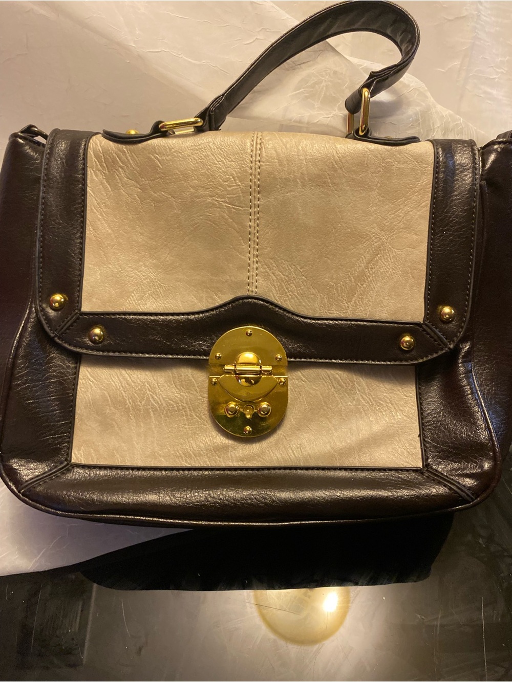 Source Unknown Cream and Dark Brown Two-Tone Satchel with Gold Hardware